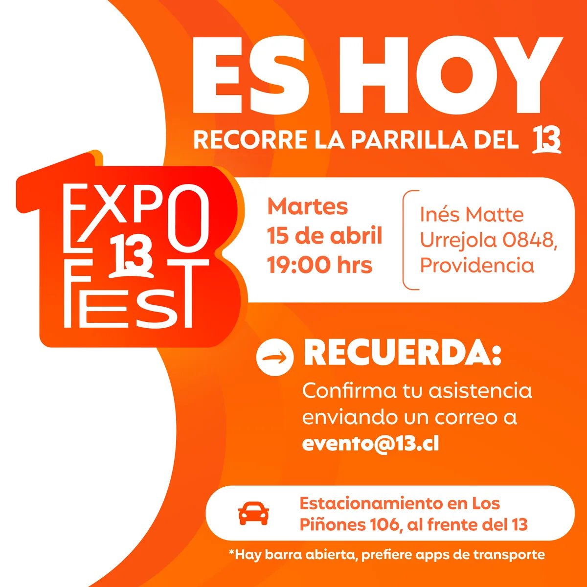 Invitation: today, Expo 13 Fest, with the address and parking