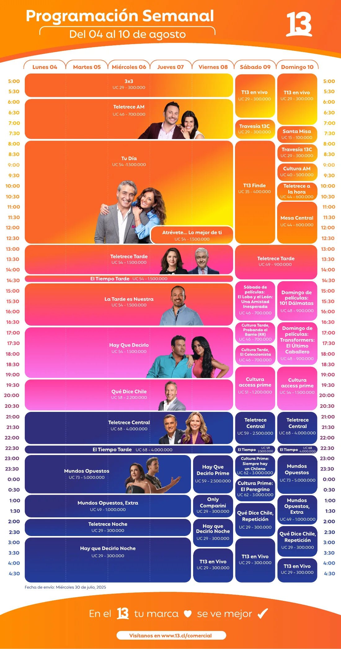 Canal 13 weekly programming schedule, Aug 4 – 10 2025