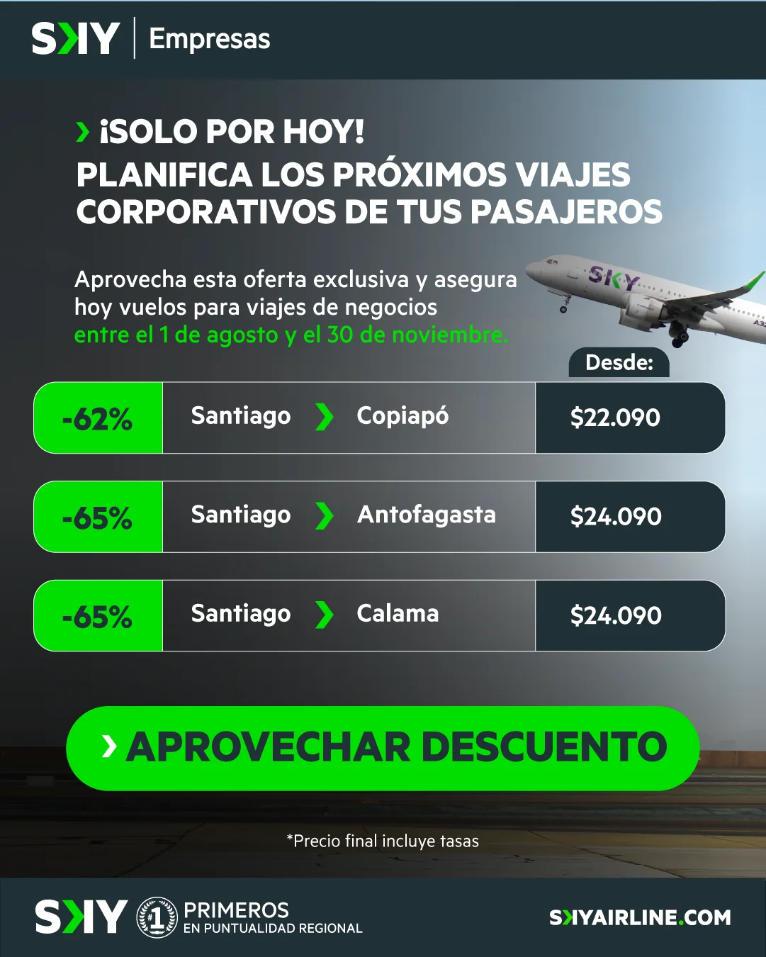 One-day corporate fares from Santiago