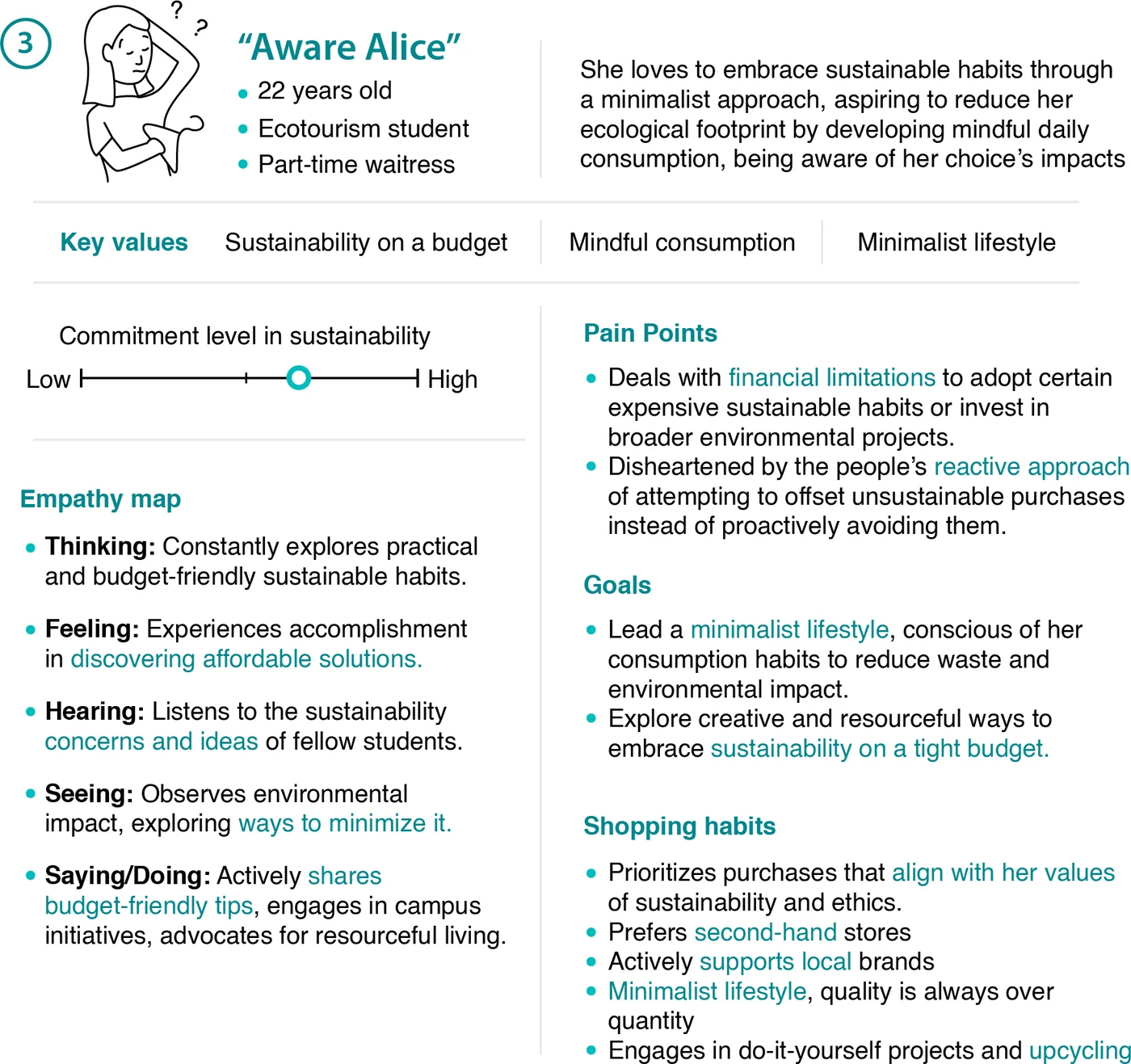 Persona Aware Alice, student, with empathy map, pain points, goals and shopping habits