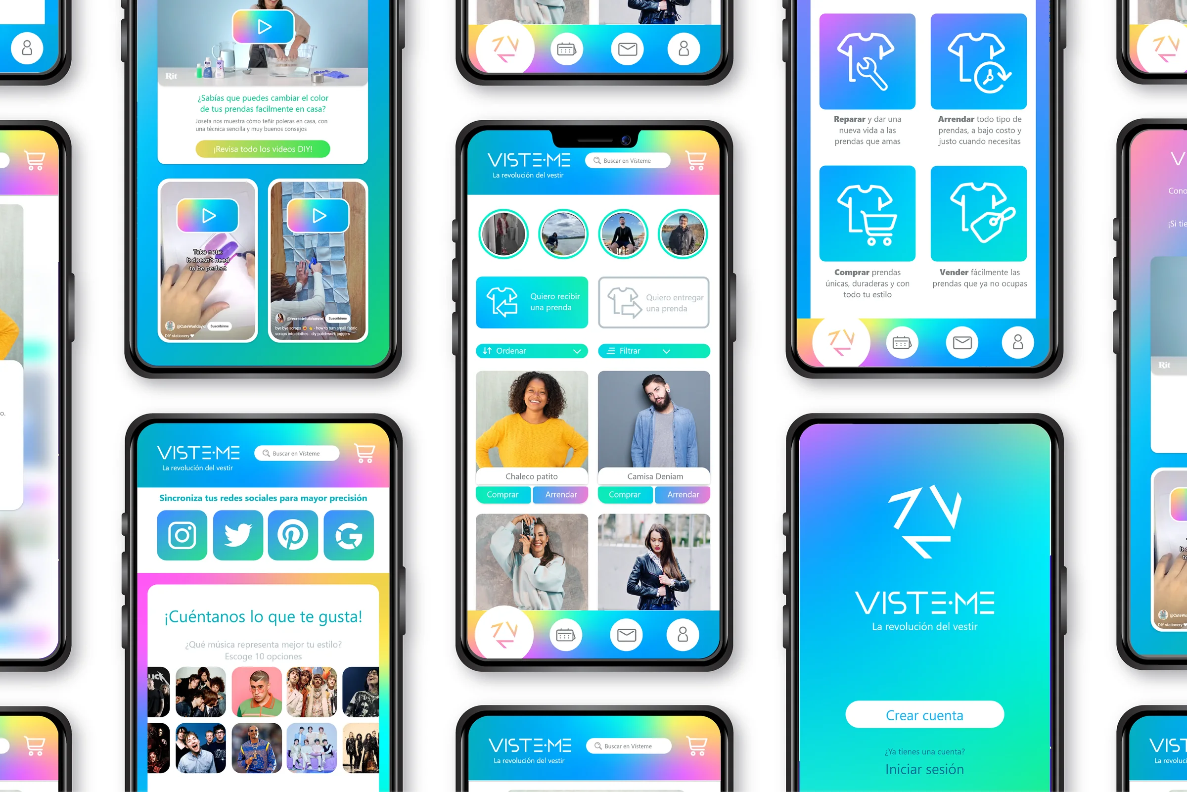 VISTE.ME app screens: sign up, style quiz, store, services and DIY videos