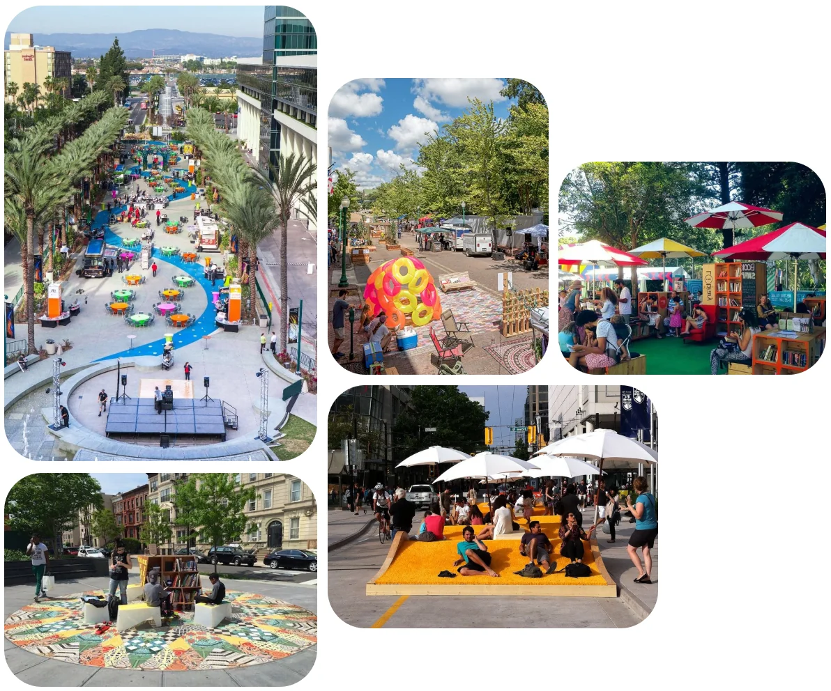 Moodboard of streets taken over by people: plazas, reading corners, street seating